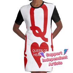 Loose and casual fit jersey t-shirt dress. Printed polyester blend front panel, solid color 100% cotton back/sleeves/rib. Size range XS-2XL. RED QUEEN OF HEARTS PLAYING CARDS LOGO FROM REDBUBBLE BY SHARLES ART. Queen Of Hearts Clothes, Black Queen Of Hearts Card, Queen Of Hearts Graphic Design, Queen Of Hearts Shirt Dress, Red Short Sleeve T-shirt With Heart Graphic, Fitted Cotton T-shirt Dress With Graphic Print, White Cotton T-shirt Dress With Graphic Print, Hearts Playing Cards, Red Queen