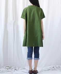 Summer shirt linen long shirt by MaLieb on Etsy Casual Tunic Blouse For Work, Green Short Sleeve Top For Work, Summer Tunic Blouse For Workwear, Summer Cotton Tunic For Work, Short Sleeve Linen Blouse For Fall, Summer Workwear Cotton Tunic, Solid Color Summer Tunic Top, Fall Linen Short Sleeve Blouse, Fall Linen Blouse With Short Sleeves