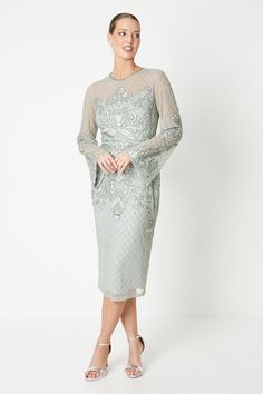 Exquisite hand-embroidered detailing adorns this elegant midi dress Intricate embellishments and delicate stitching create a luxurious, ornate aesthetic Flattering round neckline complements the sophisticated silhouette Midi length offers a refined, demure look suitable for formal occasions Long sleeves provide a touch of modesty and versatility for cooler evenings Exuding timeless sophistication, this hand-embellished dress from Coast is a true sartorial masterpiece. The intricate embroidery and meticulous stitching radiate an air of opulence, making it an ideal choice for weddings, races, or any formal event where you wish to make a lasting impression. Pair it with elegant heels and a clutch for a polished, refined ensemble that epitomises British elegance. Ornate Aesthetic, British Elegance, Elegant Midi Dress, Elegant Midi Dresses, Elegant Heels, Embroidered Midi Dress, Dress Long Sleeves, Puff Sleeve Dresses, Intricate Embroidery