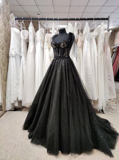 Black Tulle Dress For Prom, Elegant Halloween Party Ball Gown, Black Tulle Evening Dress With Boned Bodice, Black Fitted Tulle Wedding Dress, Fitted Black Tulle Wedding Dress, Black Corset Dress For Gala During Prom Season, Elegant Black Ball Gown For Costume Party, Gothic Halloween Party Ball Gown, Fitted Black Ball Gown For Costume Party