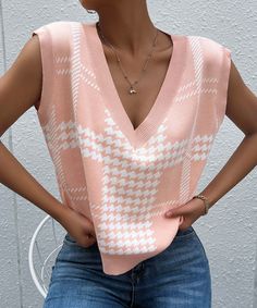 Look sharp in this pink Harvard Knit Sweater Vest – the perfect layering piece for any preppy outfit. It’s made of high-quality knit fabric, making sure you stay comfy and chic all day long! Let the world know who you went to school with! Size Guide: Model is 5’6” tall, and has a 32.2” bust, 25.2”waist, & 35.6” hips. She is wearing a S / US 4 / AU 8. This vest is true to size. Material: 65% Acrylic. 25% Polyamide, 10% Polyester. Feature: V neckline. Knit Fabrication. No Closures. Not Lined. Rela Jacquard Top, Vest For Women, Knit Sweater Vest, Jacquard Sweater, Sweater Vest Women, Casual Vest, Preppy Outfit, Short Sleeve Cardigan, Loose Sweater