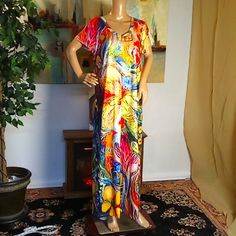 I Love This Print, Especially The Birds! Easy Wear, Easy Care. Works As A Beach Cover Up, Too, Or A Nightgown - Whatever You Want. Short Sleeves With Raw Edges, Hemmed On The Bottom, With Side Slits. Generous Fit. Multicolor Casual Maxi Dress With Vibrant Print, Casual Multicolor Maxi Dress With Vibrant Print, Casual Multicolor Vibrant Print Maxi Dress, Multicolor Print Short Sleeve Dress For Vacation, Vibrant Short Sleeve Maxi Dress With Floral Print, Vibrant Printed V-neck Maxi Dress, Summer Dresses With Colorful Patterns And Short Sleeves, Colorful Summer Dress With Short Sleeves, Colorful Short Sleeve Summer Dress