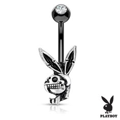 a black and white image of a bunny belly ring