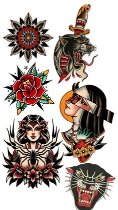 an assortment of tattoo designs on a white background, including cats and women's faces