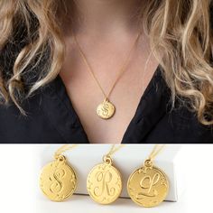 "S Initial pendant, Gold L Initial Necklace, Script Monogram Coin Disc Necklace, Layering Letter Charm Pendant, Vintage Personalized Alphabet This necklace features a unique, vintage-inspired script initial monogram stamped onto a Gold, Silver or Rose Gold disc. Each piece arrives packaged in our premium quality gift boxes, complete with a polishing cloth & care instructions. These necklaces are meant to be gifted! H O W ∙ T O ∙ O R D E R 1st DROP DOWN menu * Select the letter for your charm L Initial Necklace, Purple Aura Quartz, L Initial, S Initial, Purple Aura, Script Initial, Script Monogram, Initial Monogram, Necklace Layering