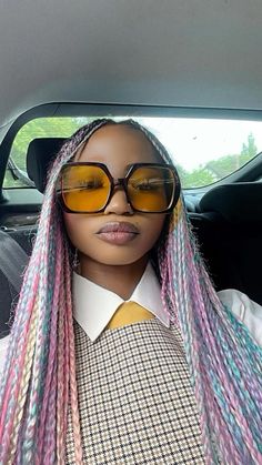 Colored Hair Black Women Braids, Three Color Braids, Summer Box Braids Colors, Periwinkle Braids, Braids With Glasses, Pastel Box Braids, Multi Colored Braids, Unique Braids For Black Women, Pastel Braids