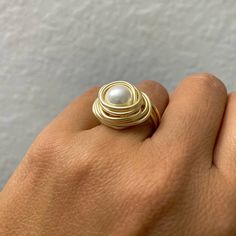 Gold Wire Wrapped Ring Pearl Ring Wire Wrapped Ring June | Etsy Elegant Gold Hand Wrapped Rings, Elegant Hand Wrapped Rings For Anniversary, Elegant Wire Wrapped Promise Ring, Elegant Adjustable Hand-wrapped Rings, Gold Wire Wrapped Open Ring, Gold Wire Wrapped Pearl Ring Gift, White Wire Wrapped Pearl Ring For Wedding, Handmade Gold Pearl Ring, Elegant White Wire Wrapped Pearl Ring