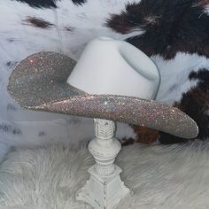 Hand made Rhinestone cowboy hat *perfect for festivals and concerts* Western Fedora With Curved Brim For Parties, Western Style Fedora With Curved Brim For Parties, Western Bling Hat For Rodeo, Western Hats With Bling For Rodeo, Silver Summer Hat For Rodeo, Western Silver Hats For Summer, Western Style Bling Hats For Rodeo, Western Style Hat With Bling And Curved Brim, Silver Summer Rodeo Hat