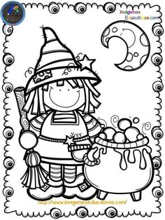 a black and white image of a witch holding a caulder with the moon in the background