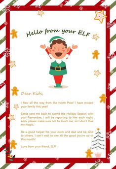 a christmas card with an elf saying hello from your elf