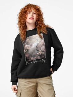 "Pure Serenity - Beautiful White Peacock and Romantic Pink Roses " Pullover Sweatshirt for Sale by Karen McFarland | Redbubble White Peacock, Sweatshirt Designs, Pullover Sweatshirt, Pink Roses, Heather Grey, Crew Neck Sweatshirt, Roses