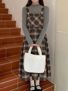 Women & Girls Casual Loose Plaid Midi Suspender Dress Coffee Casual  Sleeveless Fabric Plaid Pinafore Slight Stretch Fall/Winter Women Clothing, size features are:Bust: ,Length: ,Sleeve Length: Plaid Print Skirt, Grey Colour Suit, Fleece Tights, Sleeveless Long Dress, Suspender Dress, Womens Tights, Women's Shapewear, Mid Length Dresses, Overall Dress