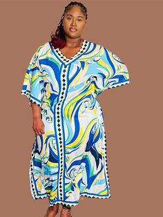 Rock in style with this Kaftan for any occasion.  Measurements: Approx Onesize: Fits UK 12-18   Length: 54.5 inches  Burst: 47.6inch Inches  Waist: 47.8 inches  Hips: 50 inches  Mode is wearing onesize and her size is UK 18. Mode heigh is 5.7 feet.  Care instructions:  Hand wash or machine wash at low temperature.wash similar colours together  Do not bleach, do not tumble dry.  Due to lighting colour may slightly differ. Spring Multicolor Abaya, Multicolor Long Sleeve Abaya For Vacation, Multicolor Long Abaya For Spring, Casual Long Blue Abaya, Spring Vacation Floor-length Abaya, Floor-length Abaya For Beach In Spring, Blue Maxi Length Abaya For Spring, Spring Vacation Tunic Thobe, Spring Vacation Thobe Tunic