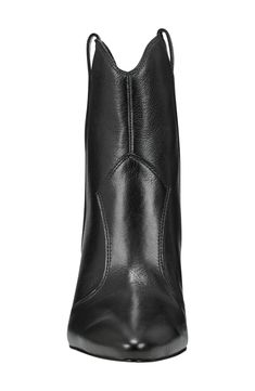 A curved topline and side pull-tabs underscore the Western inspiration behind this rich leather bootie elevated by a cone heel. 3 1/2" heel (size 8.5) 5" shaft Leather upper/synthetic lining and sole Imported High Heel Boots With Heel Pull Tab For Work, Western Inspiration, Western Booties, Marc Fisher, Leather Booties, Bootie, Leather Upper, Nordstrom, Heels