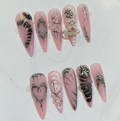 Materials: gel nail, long stiletto tips Greetings and welcome to my store. Hope you find a style you like. ✋🙆I only work with high-quality materials to create sturdy & long-lasting luxury press on nails that you can trust on. My nails will last for:1- 2 days using adhesive tab (provided with the nail set) 2- 3 weeks using nail glue. You can reuse all of the nails multiple times if you take care of them. Follow the instructions provided with the nail set. 💮Please follow the instruction size mea Cute Nail Charms, Nails With Charms Pink, Y2k Coffin Nails, Y2k Nails Long, Nail Art Vert, Nails Charm, Really Long Nails, Pink Nails Acrylic, Charm Nails