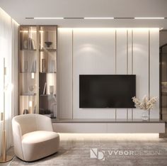 a modern living room with white furniture and a flat screen tv mounted on the wall