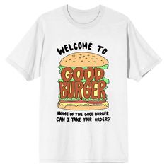 a white t - shirt that reads, welcome to gourger and has a hamburger on it