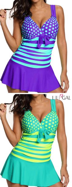 Printed Purple Wide Strap Swimdress and Shorts/ Polka Dot Cyan Wide Strap Swimdress and Shorts #liligal #swimwear #swimsuit Cute Tankinis, Tankinis For Women, Cute Bathing Suits, Summer Wear, Capsule Wardrobe