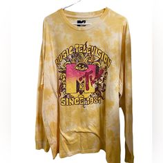 Nice Crisp New With Tags Mint Unused Graphic Long Sleeve Psychedelic Retro Mtv Tee Ready To Go Vintage Graphic Tops For Fall, Retro Long Sleeve T-shirt With Logo Print, Retro Graphic Design Tops For Fall, Vintage Long Sleeve Tops With Graphic Design, Vintage Long Sleeve Graphic Tops, Vintage Graphic T-shirt For Fall, Vintage Graphic Design T-shirt For Fall, Vintage Fall Graphic T-shirt, Yellow Tie Dye