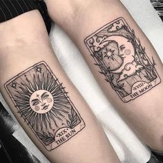 two sun and moon tattoos on both legs