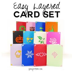 colorful cards with the words easy papered card set in black and white text overlay