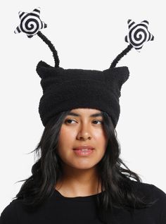 We're seeing stars! This fuzzy  black beanie has subtle ear detailing  plus adjustable antenna with plush spiral star ends.100% acrylicImported Black Beanie Costume Hat For Winter, Winter Black Costume Hats And Headpieces One Size, Casual Black Hats With Ears, Rave Black Adjustable Costume Hat, Adjustable Black Hat With Ears, Beanie Cat Ears, Black Novelty Beanie One Size Fits Most, Black One Size Cat Ears Hat, Fuzzy Beanie