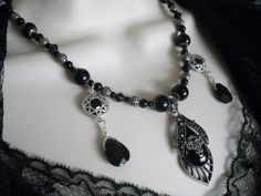 Gothic Victorian Necklace, gothic jewelry victorian jewelry goth jewelry renaissance jewelry gypsy edwardian medieval steampunk rockabilly Black Metal Necklaces With Silver Beads, Black Metal Necklace With Silver Beads, Black Necklace With Silver Beads, Gothic Black Necklace With Black Beads, Gothic Onyx Necklace As A Gift, Gothic Onyx Necklace Gift, Black Filigree Necklace For Formal Occasions, Victorian Style Silver Onyx Jewelry, Victorian Silver Onyx Jewelry