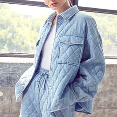 - Boxy Oversized Fit - Fabric: 100% Soft Cotton - Snap Buttons Oversized Blue Shacket For Spring, Blue Oversized Shacket For Spring, Blue Long Sleeve Shacket For Spring, Light Blue Relaxed Fit Outerwear With Long Sleeves, Relaxed Fit Light Blue Long Sleeve Outerwear, Oversized Blue Long Sleeve Shacket, Blue Oversized Long Sleeve Shacket, Oversized Light Blue Cotton Outerwear, Light Blue Oversized Cotton Outerwear