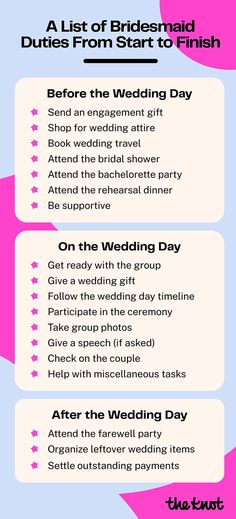 the wedding checklist for brides and grooms in pink, blue and white