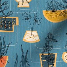 a blue and yellow wallpaper with plants on it