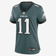 Rep one of your team's top stars with this A.J. Brown Jersey. Proper ventilation and a form fit help provide a dry, comfortable wear with the authentic look of the on-field uniform for the Philadelphia Eagles. Nike Football Season Sports Jersey, Nike Team Jersey, Fitted Tops With Team Logo For Sports Events, Fitted Jersey For Game Day, Nike Jersey With Team Name For Sports, Nike Sports Jersey With Team Name, Fitted Sports Tops With Team Logo, Fitted Top For Sports Season Fan Gear, Fitted Tops For Sports Season Fan Gear