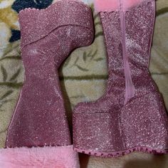 Pink Man Made Materials 5.5" Heel 3.75" Platform Sugar Thrillz Cloud Nine Rhinestone Platform Boots Cuz Youre The Cutest Doll In Heaven, Babe! These Knee High Platform Boots Have Sparkling Rhinestones All Over, Faux Fur Trim, And Side Zip Closures. Brand New! Never Worn. Bought For A Bratz Costume But Went With Different Shoes. Does Not Come In Original Box/Wrapping. Smoke Free/Pet Free House. These Run True To Size, Im A 5.5 And These Are A 6 And They Feel Like A True 6. Please Note These May N Bratz Costume, Pink Fur Boots, Fur Boots Outfit, Platform Boots Outfit, Pink Platform Boots, Pink Man, High Platform Boots, Knee High Platform Boots, Box Wrapping