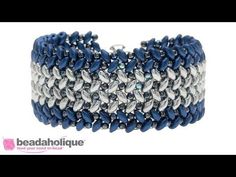 a blue and white bracelet is shown with beads on the side, and two rows of silver