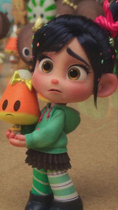 a cartoon character holding a pumpkin in her hand