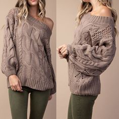 Best Seller Sweater Love Chunky Cable Knit Can Be Worn On Or Off Shoulder Cozy, Comfy Over-Sized Fit Super Soft And Warm Balloon Style Sleeves Ribbing At Wrists And Hemline Available In Ivory, Ash Plum, Olive, Or Mocha 80% Acrylic, 20% Polyester Fits True To Size, Oversized Style To Buy Use "Buy Now" Or "Add To Bundle" Button. Soft Knit Taupe Sweater With Long Sleeves, Soft Knit Long Sleeve Taupe Sweater, Taupe Soft Knit Long Sleeve Sweater, Taupe Long Sleeve Soft Knit Sweater, Slouchy Long Sleeve Beige Sweater, Beige Slouchy Long Sleeve Sweater, Brown Open Knit Tops For Winter, Oversized Taupe Sweater For Winter, Oversized Taupe Sweater For Fall