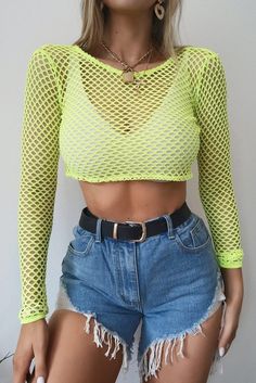 Mesh it up this summer in this sassy long sleeved crop top, paired here with our never say bralet it's the perf' summer outfit rocking those festival vibes Simple Rave Outfits, Ultra Outfits, Bad And Boujee Outfits, Fishnet Long Sleeve, Festival Outfit Inspiration, Coachella Looks, Rave Festival Outfits, Sleeved Crop Top, Festival Outfits Rave