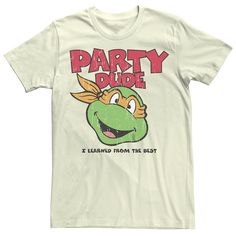 a white t - shirt with the words party dude and an image of a cartoon character