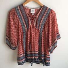 Nwt Xs Knox Rose Top From Target | Tassel Ties In The Front | Smoke-Free Home | Colors Are Rusty Red, Orange, Blues, And White | Although I’ve Never Worn It, I Noticed A Slight Fraying On The Bottom Left Portion Summer Red Boho Print Top, Red Boho Print Tops For Vacation, Red Boho Print V-neck Top, Casual Spring Boho Print Tops, Blue Boho Print Short Sleeve Tops, Red Bohemian Tops For Spring, Home Colors, Knox Rose, Flowy Top