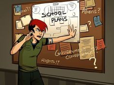 a boy is standing in front of a board with notes on it that say school plans