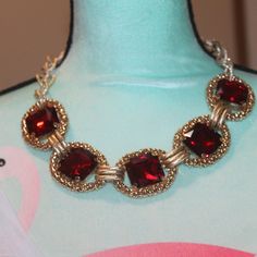 Nwtags: Gold Tone Chain With 5 Circle With Large Beautiful Red Rhinestones In The Middle Of Them, Each Circle Is 2" And The Stone In Side Is 1"+1", This Is A Beautiful Chain That Is Use In This Necklace, 20" Metal Necklaces With Stones For Party, Party Necklaces With Stones In Metal, Red Sparkly Jewelry For Formal Occasions, Rhinestone Metal Chain Necklace Gift, Party Jeweled Rhinestone Necklace, Elegant Red Rhinestone Necklaces, Party Rhinestone Jeweled Necklace, Red Round Chain Jewelry, Metal Rhinestone Necklace For Jewelry Making