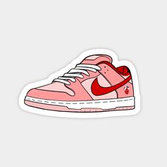 a pair of pink sneakers with red and white laces on the top, sticker