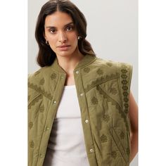 Green cotton (100% Cotton). Sleeveless vest. Front button closure. 22.5" from shoulder to hemline. Imported. Olive Vest, Rent The Runway, Closet Designs, Quilted Vest, Sleeveless Vest, Green Cotton, Green, Fashion Design