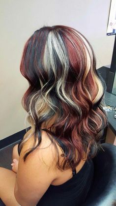 Blonde Black And Burgundy Hair, Colors That Go Good With Brown Hair, Black Hair Red And Blonde Highlights, Red Black And Silver Hair, Red Black And Brown Hair, Blonde And Red And Black Hair, Black Hair With Blonde And Red Streaks, Black Blond And Red Hair Highlights, Red Blonde And Black Highlights