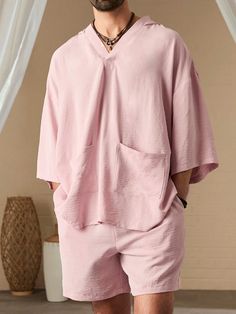 Rosa Casual Collar   Liso  Embellished No-Elástico Mens Pajamas Pink, Co Ords, Hooded Shirt, Men Shirt, Men Clothing, Kids Beachwear, Shorts Set, Short Sets, All Fashion