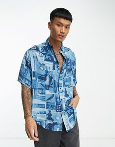 Overhemd van ASOS DESIGN Hoog in-het-winkelmandje-gehalte All-over print Kraagje met knoopjes Knoopbies Borstzakken Oversized pasvorm Save Outfits, Denim Blouse, Button Down, Print Trends, All Over, Plus Size Pregnancy, Workwear Dress, Oversized Shirt, Tops For Leggings