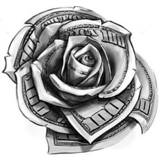 a drawing of a rose with money around it