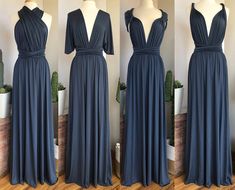 three different views of the same dress on mannequins, one in dark blue and