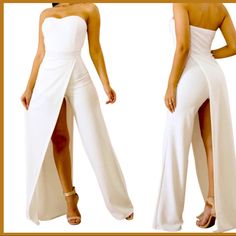 Never Worn, No Rips Or Hole. Stretch Fit Jumpsuit With One Open Leg . Wide Bell Leg , Sweetheart Neckline , No Closure. Great Design Suitable For All Occasions And Parties. Easy To Accessorize And Fashionable To Wear. White Fitted Strapless Jumpsuit For Date Night, Chic Fitted Split Jumpsuits And Rompers, Fitted Split Jumpsuits And Rompers For Party, Fitted Jumpsuits And Rompers With Split For Party, White Strapless Jumpsuit For Date Night, White Strapless Jumpsuits And Rompers For Date Night, Fitted Jumpsuit, No Closure, Strapless Jumpsuit