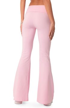 These shapely, stretchy cotton knit pants are topped with a fold-over banded waist and finished with flared legs. 95% cotton, 5% spandex Machine wash, dry flat Imported Light Pink Flare Leggings, Foldover Flare Leggings, Pink Y2k Clothes Png, Cute All Pink Outfits, Light Pink Flare Pants Outfit, Cute Bottoms Pants, Clothes 2024 Trends, Light Pink Clothing, Trendy Stretch Cotton Flares