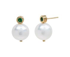 With their stunning combination of pearls and emeralds, these Beck Jewels earrings will add a perfect modern luxury to any collection. The round emeralds are set in a polished 18K yellow gold scuba setting and anchored by one large, round white freshwater pearl. The emerald studs connect to 18K yellow gold post backs. total length : 3/4"emeralds : 3mm diameter : .08cttwfreshwater pearls : 13mm diameter18K yellow gold post backs Emerald Studs, Jeweled Earrings, White Freshwater Pearl, Beck, Modern Luxury, Pretty Things, Fresh Water, Freshwater Pearls, Emerald